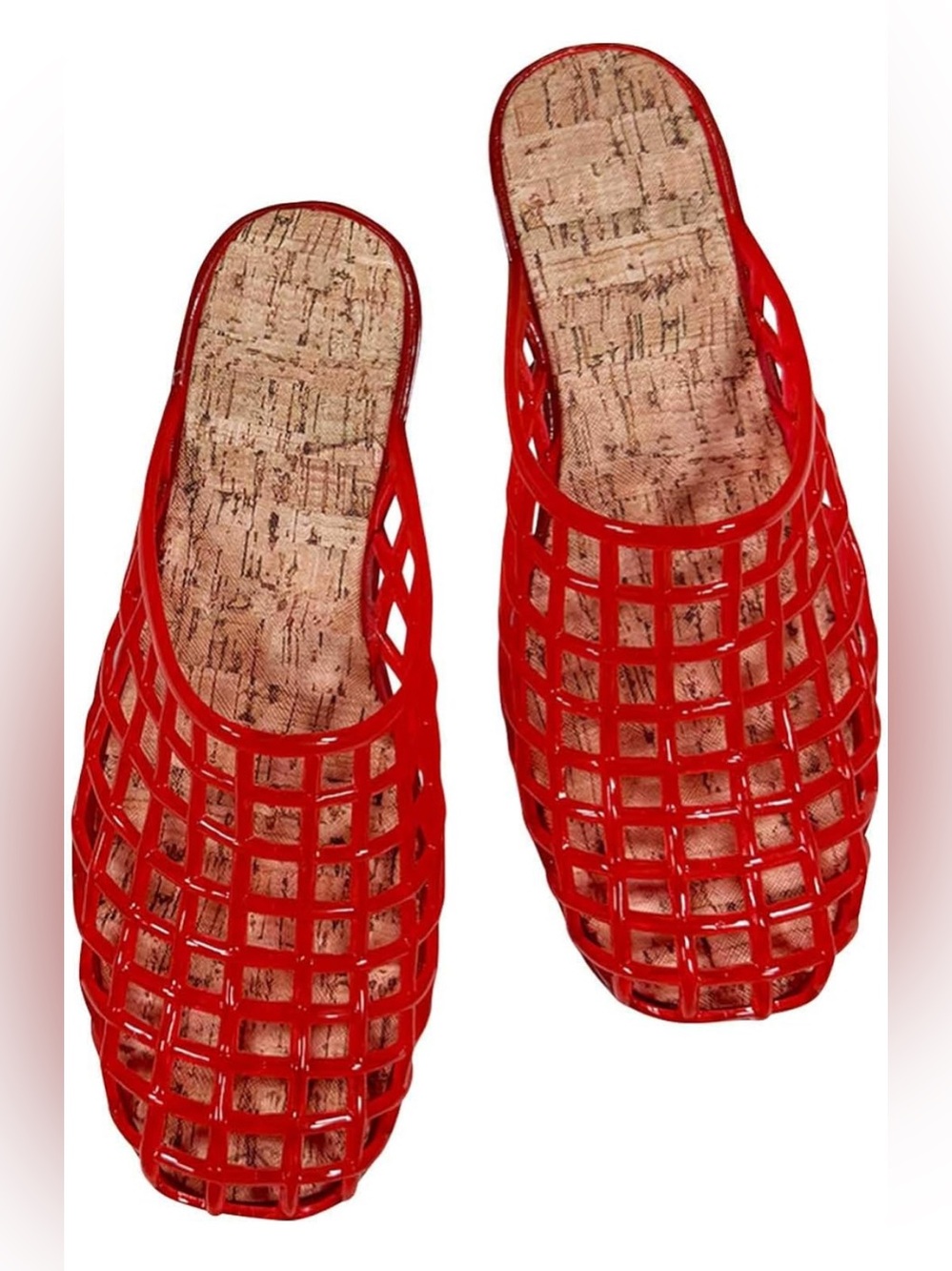 Women's Transparent Woven Jelly Slides with Cork Insole Hollow Mesh Mules Summer